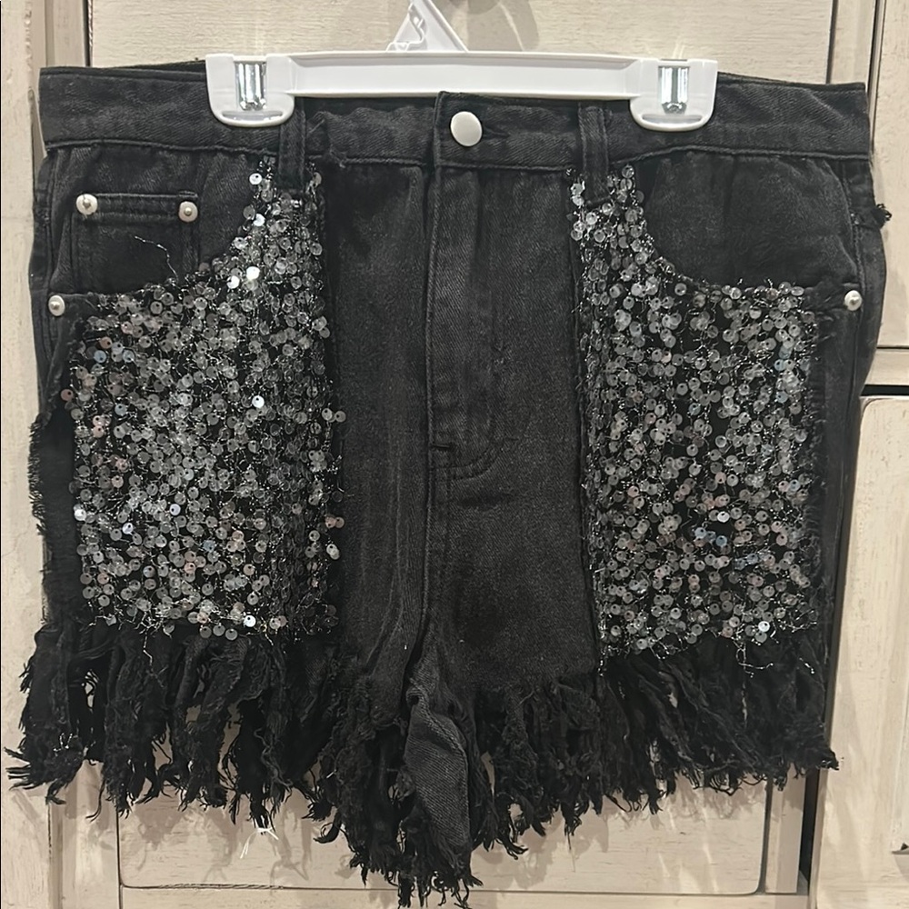 POL NWOT Black Denim Shorts with Sequin Pockets